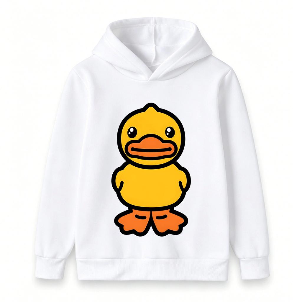 Cute Cartoon Yellow Duck Print Kids Hooded Sweatshirt, Casual Long Sleeve Pullover Hoodie for Boys Girls, Soft Comfortable Daily Wear Tops Children