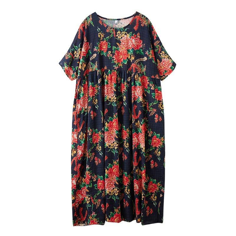 Real Shot Summer Thin Cotton and Linen Round Neck Short Sleeve Flower Simple Bohemian Long Dress Skirt Women