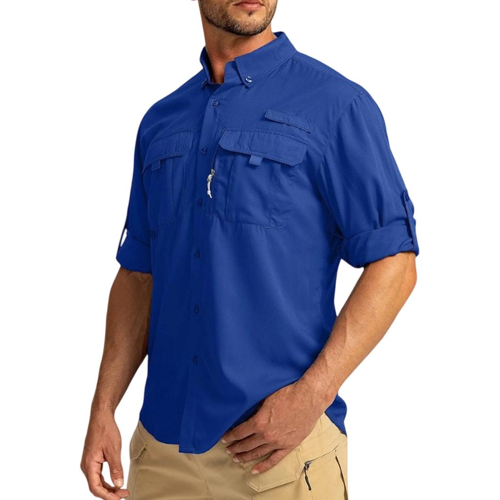 Men's Color Casual Loose Button-Down Collar Faux Pocket Long-Sleeved Shirt