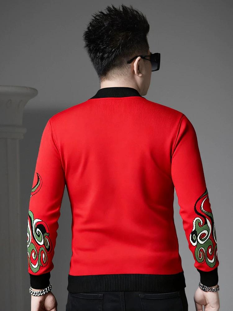 European Style New Year Sweater for Men, Round Neck, Bright Red Knitwear, 2025 Autumn and Winter New Long-Sleeve Base Shirt for Men
