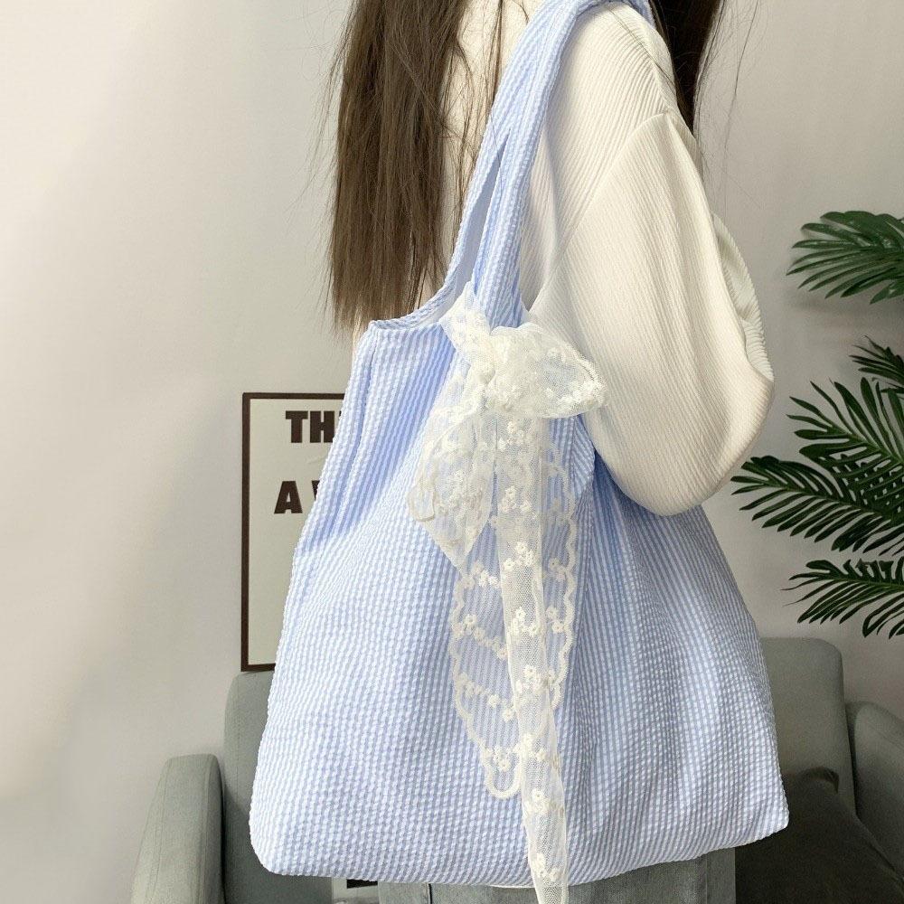 Canvas Striped Shoulder Bag Literary Style Large Capacity Underarm Bag Canvas Hobo Bag  Shopping