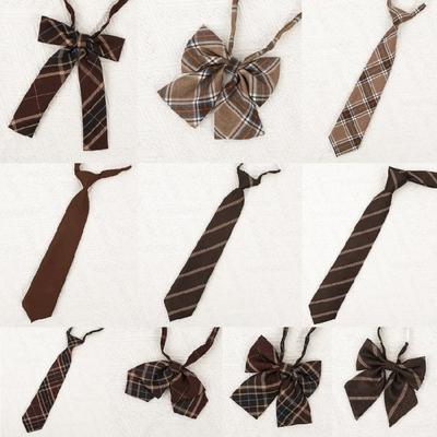 Adjusted Pre-Tied Necktie Vintage Brown Checkered Striped School Uniform Bowtie