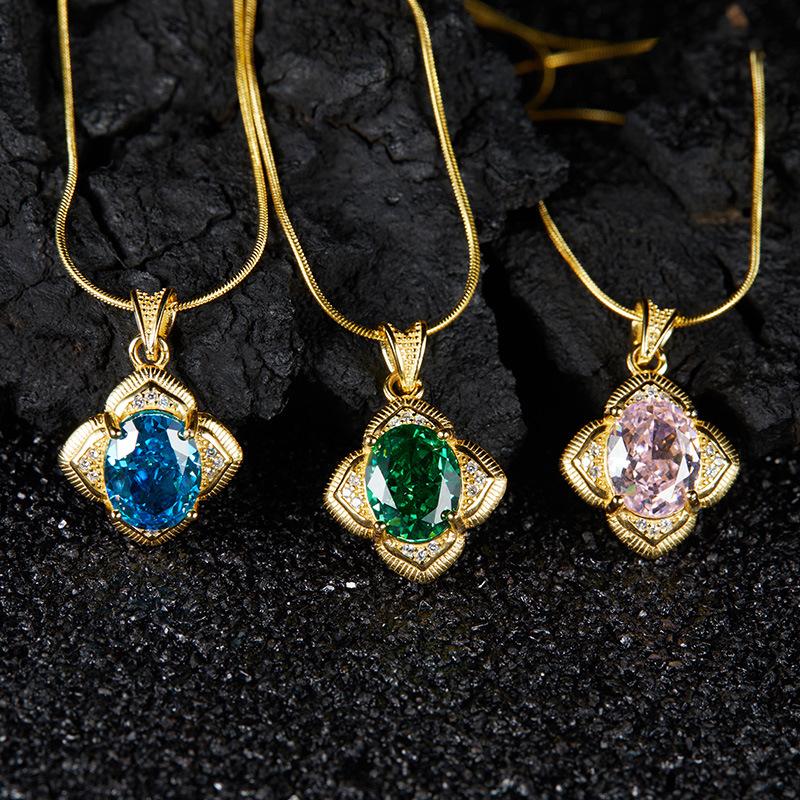 Ice Flower Cut Multi-Color Pendant S925 Sterling Silver Light Luxury Window Grilles Collarbone Chain Fashionable And Atmospheric Versatile Model