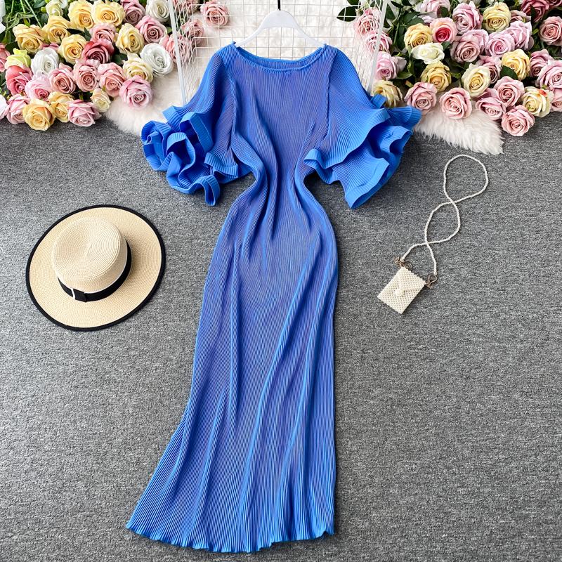 French Bellflower Fairy Mori Lotus Leaf Big Trumpet Sleeve Pleated Dress Mopping the Floor and Swinging Temperament Long Dress