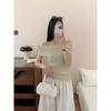 French Bow, Niche Knitted Short-sleeved T-shirt, Versatile Off-the-shoulder Top