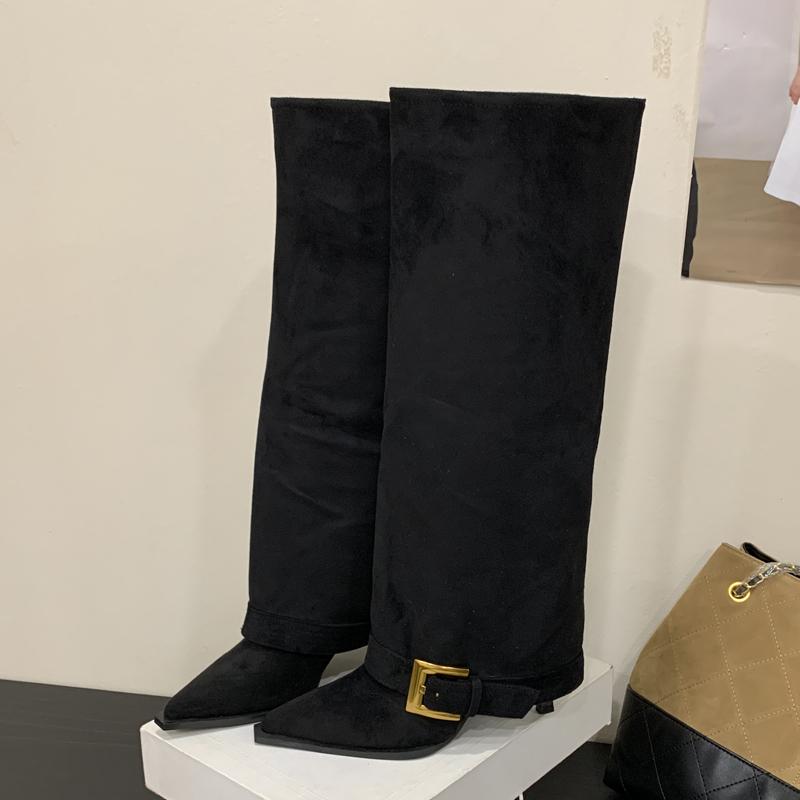 Eilyken Winter Design Splicing Square Buckle Knee-High Boots Women Pointed Toe Stripper Shoes Sexy Thin Heels Largas De Mujer