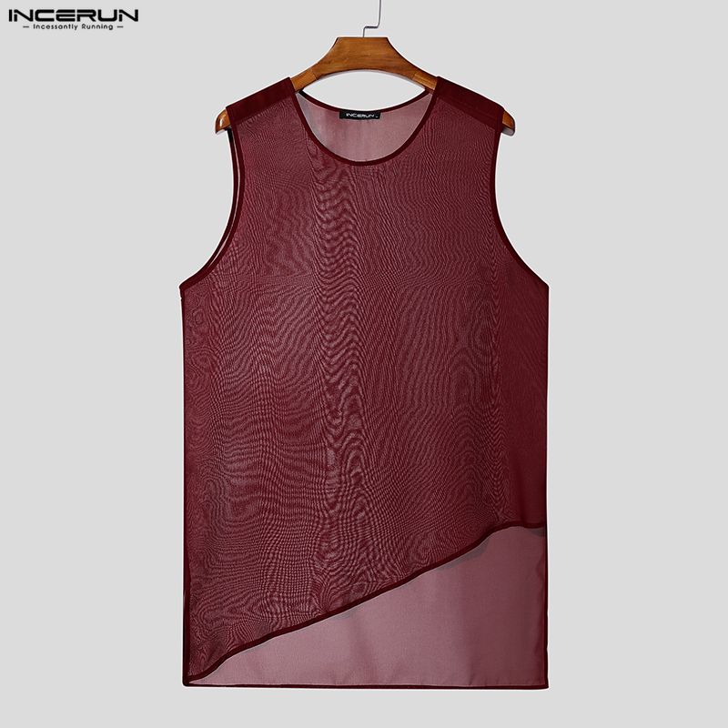 INCERUN Men O Neck Sleeveless See Through Irregular Mesh Sheer Long Tank Tops