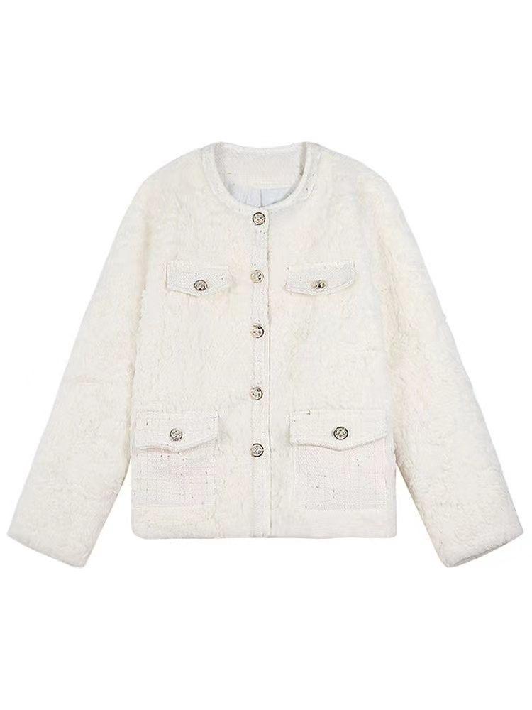 Winter Woman Fluffy Lamb's Fur Coat Warm Faux Fur Coat Collar Short Outerwear Coat Cowl Button Korean Fur Jackets New