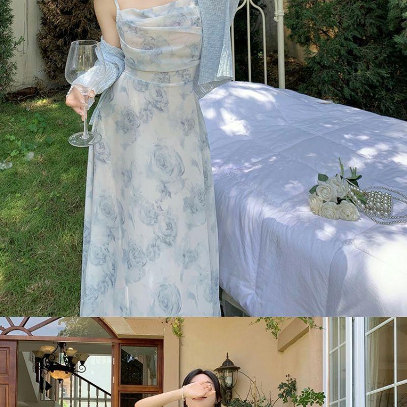 Women's Blue Floral Strappy Dress - French Tea Party, Waist-Cinched, Long Summer Beach Dress