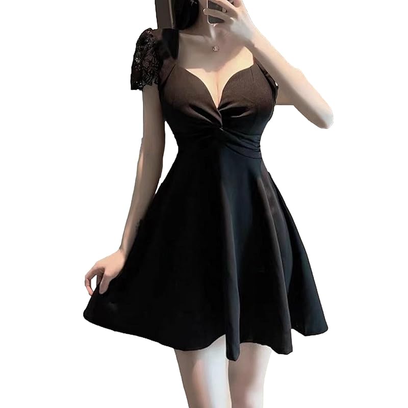 

[ReiLuana] one piece sexy flare mini skirt Cabaret Miss dress frills One piece short sleeve Popularity cute Stylish beautiful Plain color height trend