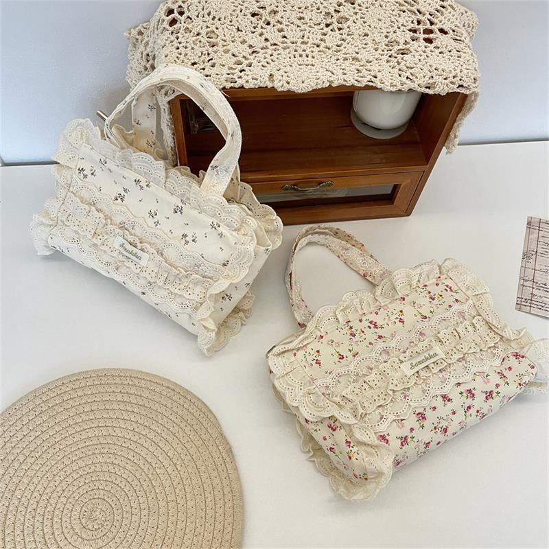 Cute Sweet Lace Floral Handbag Large Capacity Casual Commuting Tote Bag Portable Storage Bag Girl Heart Clutch Cosmetic Bag Gift