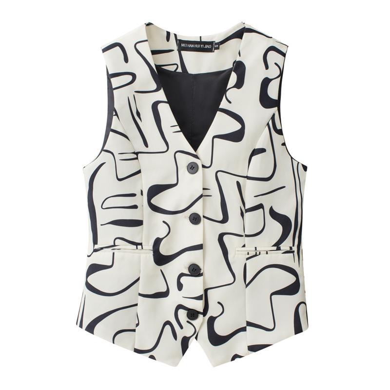 2025 Spring Elegant Collarless Single-Breasted Polyester Cardigan Vest with Pockets for Women - Commuter Style