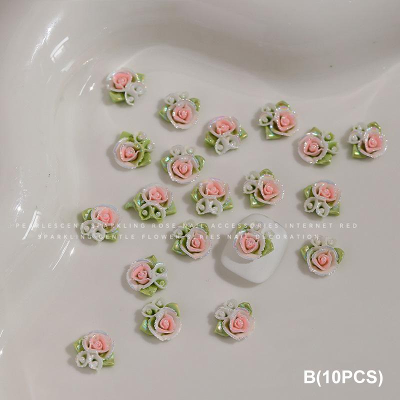 10 Pcs 3D Carved Rose Resin Colorful Rose Nail Charms Flower Accessories Material Nail Art Decorations Diy Manicure Salon Supply