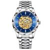BINBOND Men's Automatic Mechanical Watch Skeleton Hollow Blue Dial Diamond Stainless Steel Waterproof Luxury Business Wristwatch