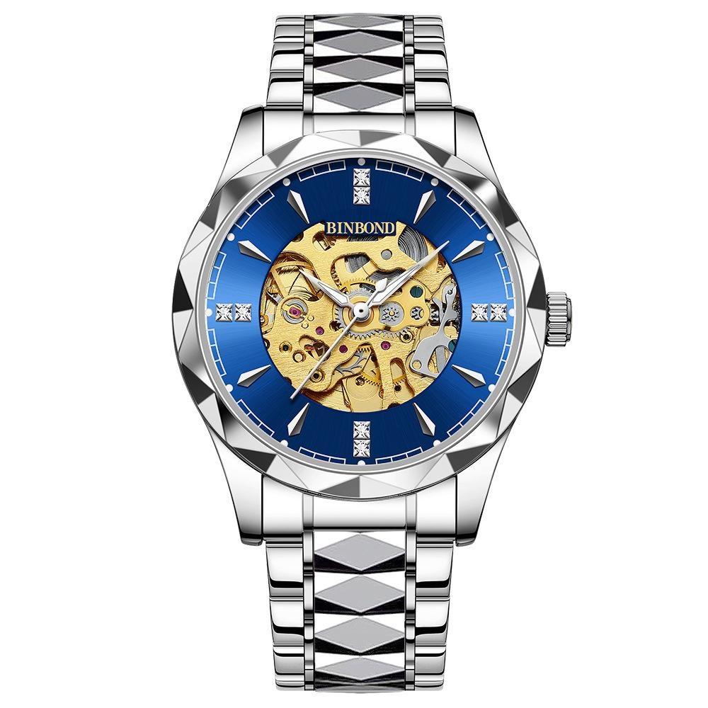 BINBOND Men's Automatic Mechanical Watch Skeleton Hollow Blue Dial Diamond Stainless Steel Waterproof Luxury Business Wristwatch