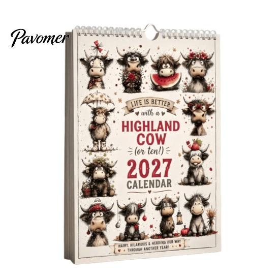 Minimalist Paper Calendar Highland Cow Wall 2027, Cute Hanging Planner for Home Office, Rustic Farmhouse Desk Decor, Unique Holiday Gift Lovers