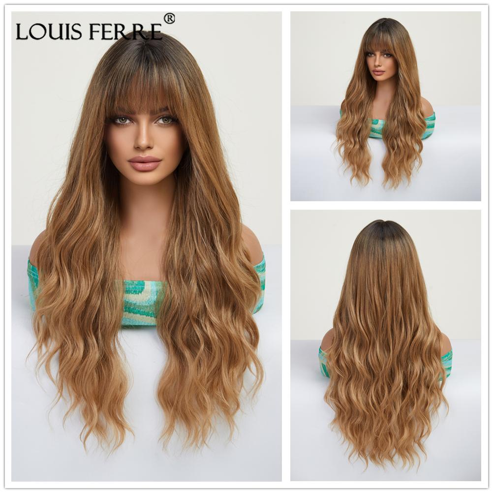 ALAN EATON Ombre Schwarz Braun Lange Wellen Haar Perücken mit Pony Für Schwarze Frauen Hitzebeständige Faser Synthetische Perücken Cosplay Party