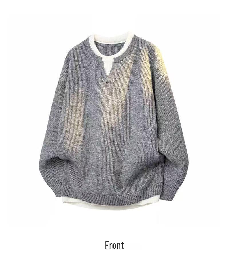 Men's 2025 Autumn/Winter Trendy Casual Knitwear – Versatile Fake Two-Piece Long Sleeve