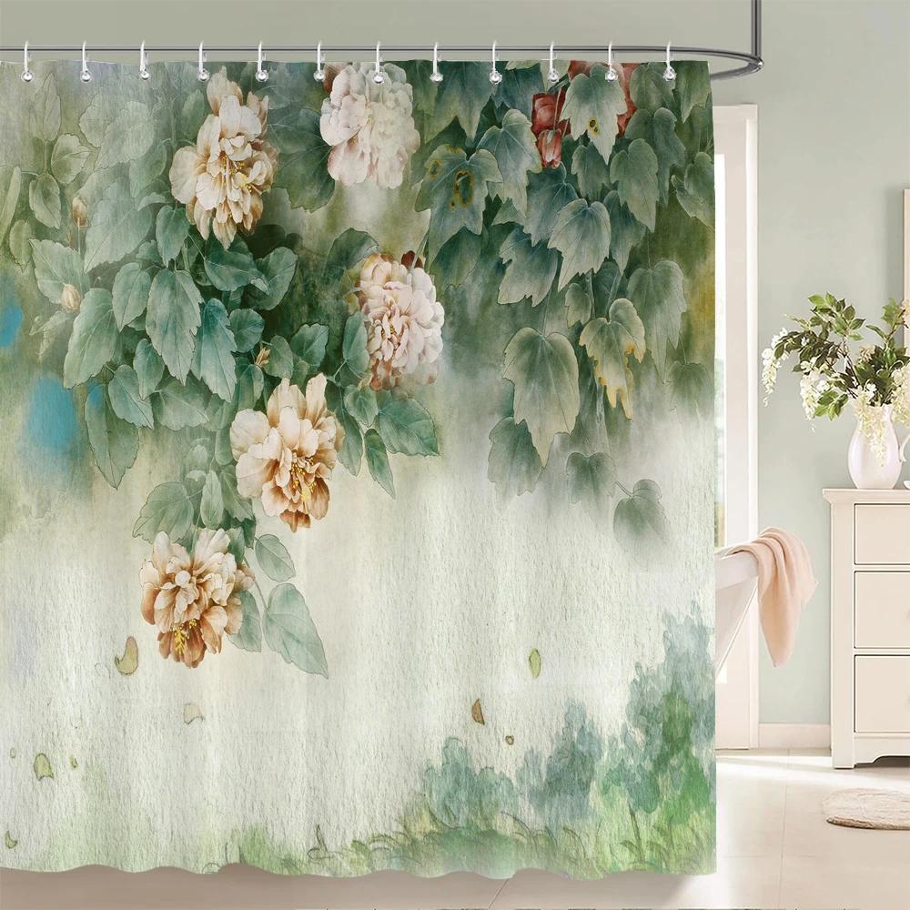 JY01Beautiful Flowers Shower Curtain Bathroom Waterproof Shower Curtain Leaves Plant Printing Curtains for Bath Shower With Ho@1