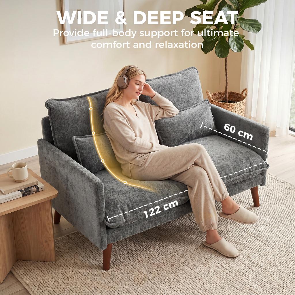 2 Seater Sofa Loveseat Sofa With Spring Cushions Wide And Deep Seat Wood Legs Grey