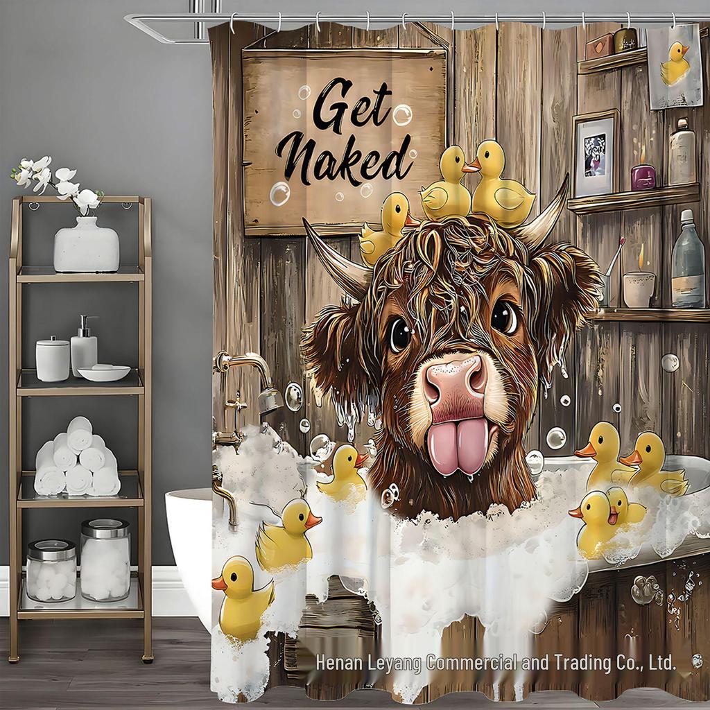 Cute Highland Cow Bathroom Set: Shower Curtain, Bath Mat, Toilet Lid Cover, 12 Hooks