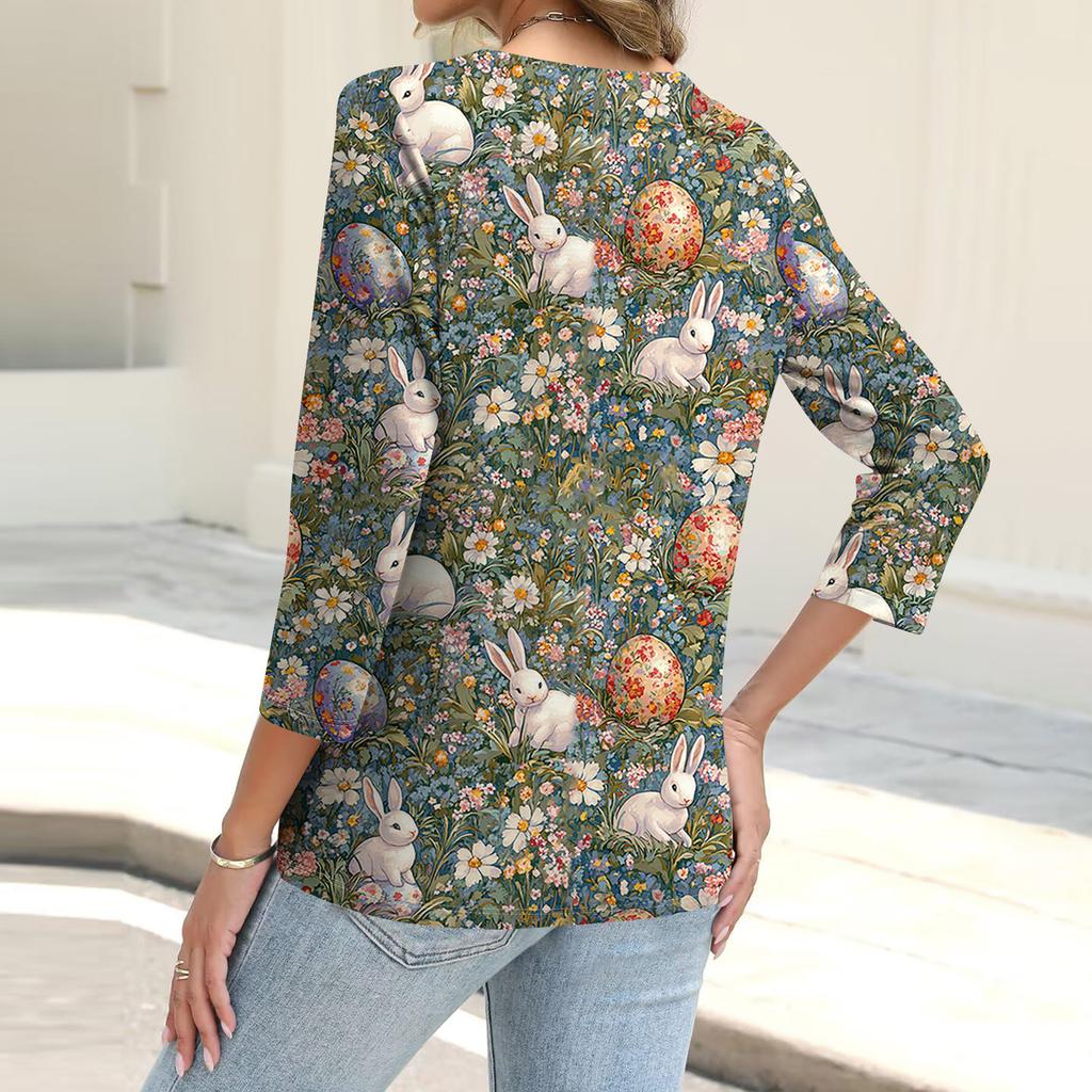 Women's Fashion Casual Print Button-down Shirt 3/4  Sleeve Tops