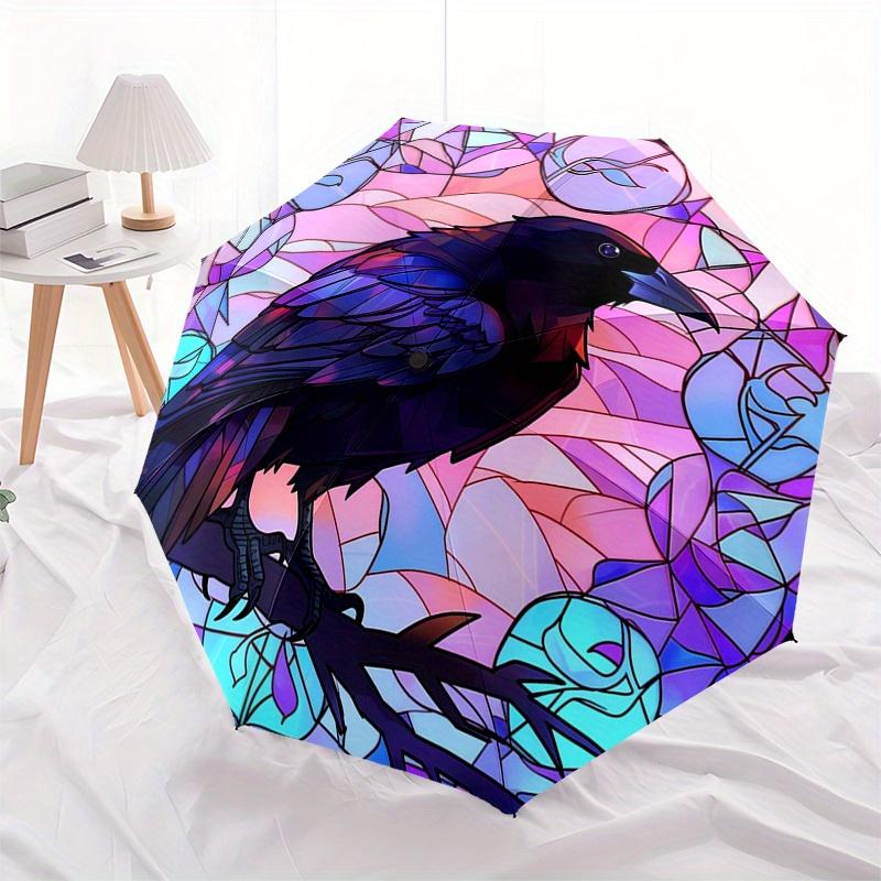 Buntglas Rabe Wandkunst: Lebendige Vogeldekoration für jeden RaumRegenschirm, Tragbarer 3-fach Kompakter Regenschirm, Weihnachtsgeschenk ES608