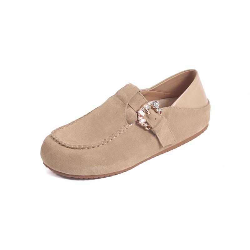 Fashion Women's new genuine leather cow suede round toe with a raised rhinestone belt buckle inside the heel, retro casual single shoe