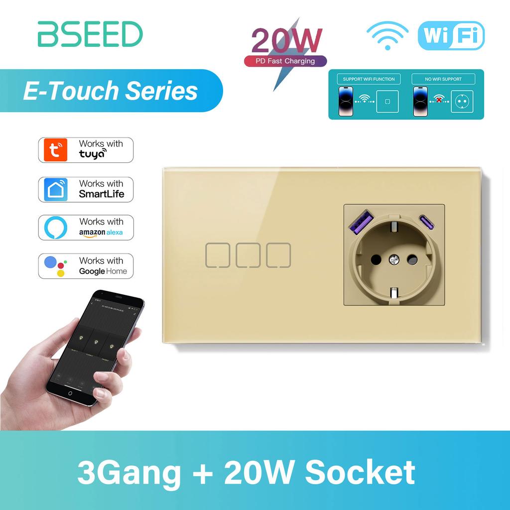BSEED 1/2/3/4Gang WIFI Touch Switch Glass Smart Wall Light Switch Touch Screen Backlight Phone Fast Charge USB C Socket E Series