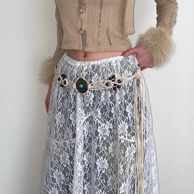 Woven Fringed Chain Belt for Women Adjust LaceUp WaistBand Fashion Rope Belt for Girl Bohemian Style Waist Decors