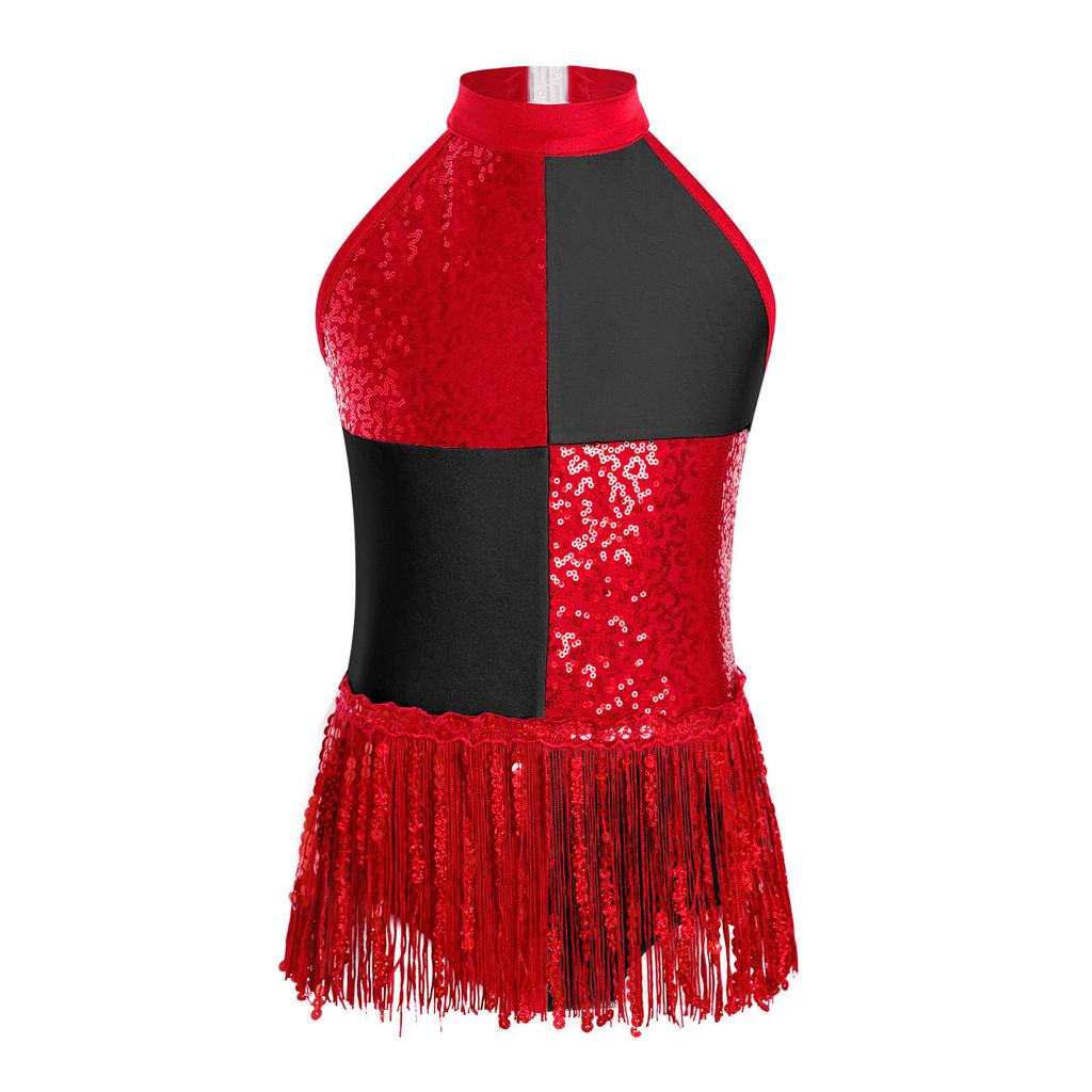 Girls Sparkly Latin Dance Leotard Color Block Shiny Sequins Tassel Halter Sleeveless Performance Costume