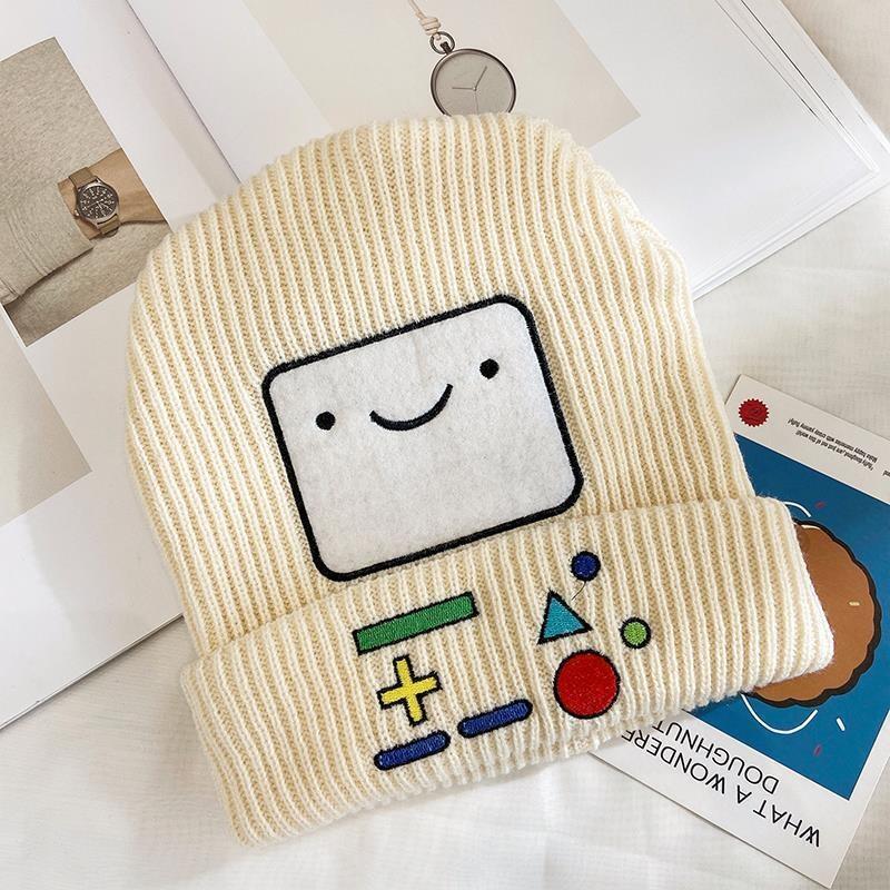 BMO Lake Blue Wool Knitted Hat Unisex Women Beanie Skullies Finn Jake Beanies Caps Cute Smiling Face Winter Warm Bonnet