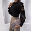 Camicia estiva da donna con maniche lunghe, tinta unita, in pizzo, con risvolto, traspirante e fresca