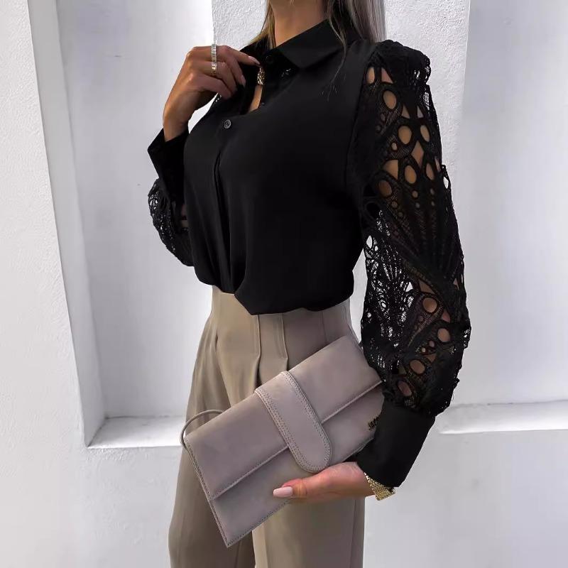 Camicia estiva da donna con maniche lunghe, tinta unita, in pizzo, con risvolto, traspirante e fresca