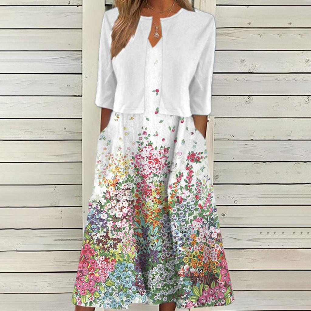 High Quality Women Summer Floral Print Two Piece Dress Set Short Sleeve Outfits