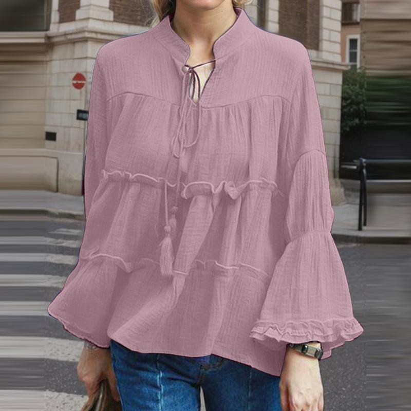 ZANZEA Women Casual Stand Collar Bell Sleeve Loose Blouse 5XL розовый