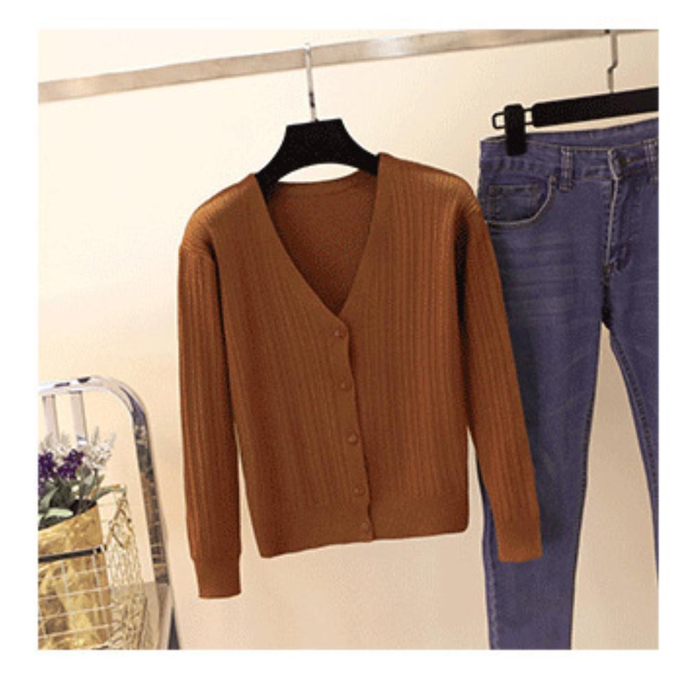 

Вязаный кардиган женский тонкий свободный и ленивый летний и осенний верхняя одежда с длинными рукавами V-образный вырез свитер M-XL коричневый