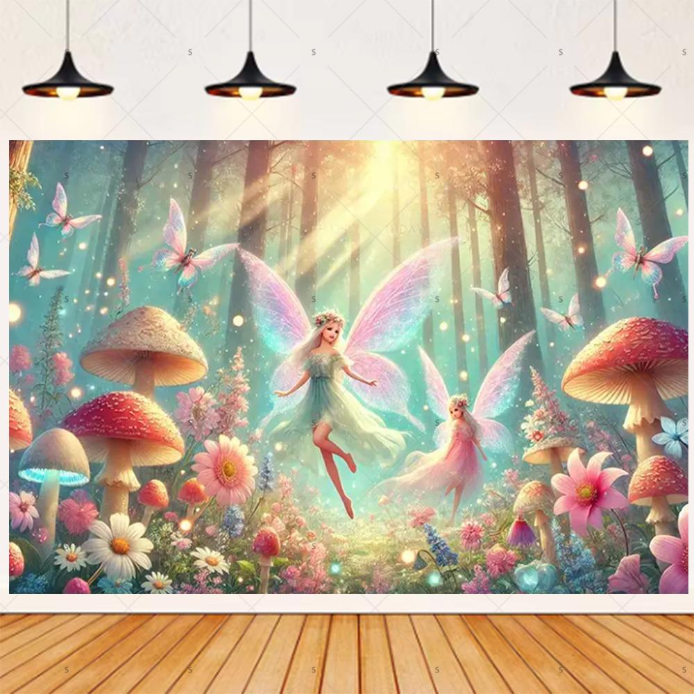Magic Forest Butterfly Fairy themed party banner background, children's birthday party decoration photography studio background18