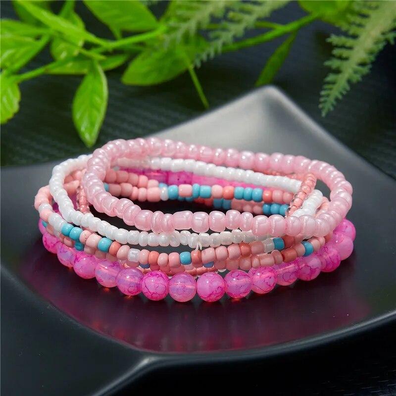 Conjunto de Pulseiras de Contas de Arroz Boho para Mulheres Multicamadas Tecidas à Mão Pulseira de Contas de Cristal Joias para Festa de Verão Presentes de Amizade