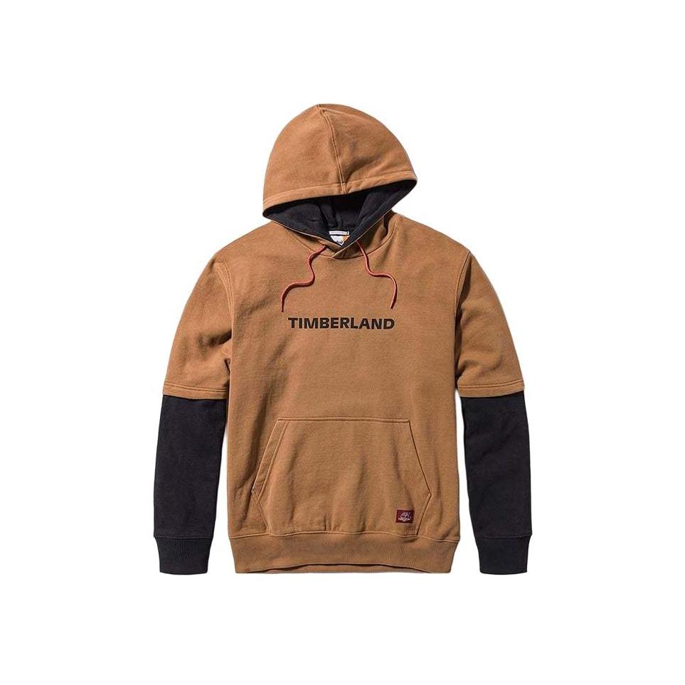 Timberland Back Embroidered Tree Logo Faux Two-Piece Hoodie Unisex Hoodies Brown A2R6P-254