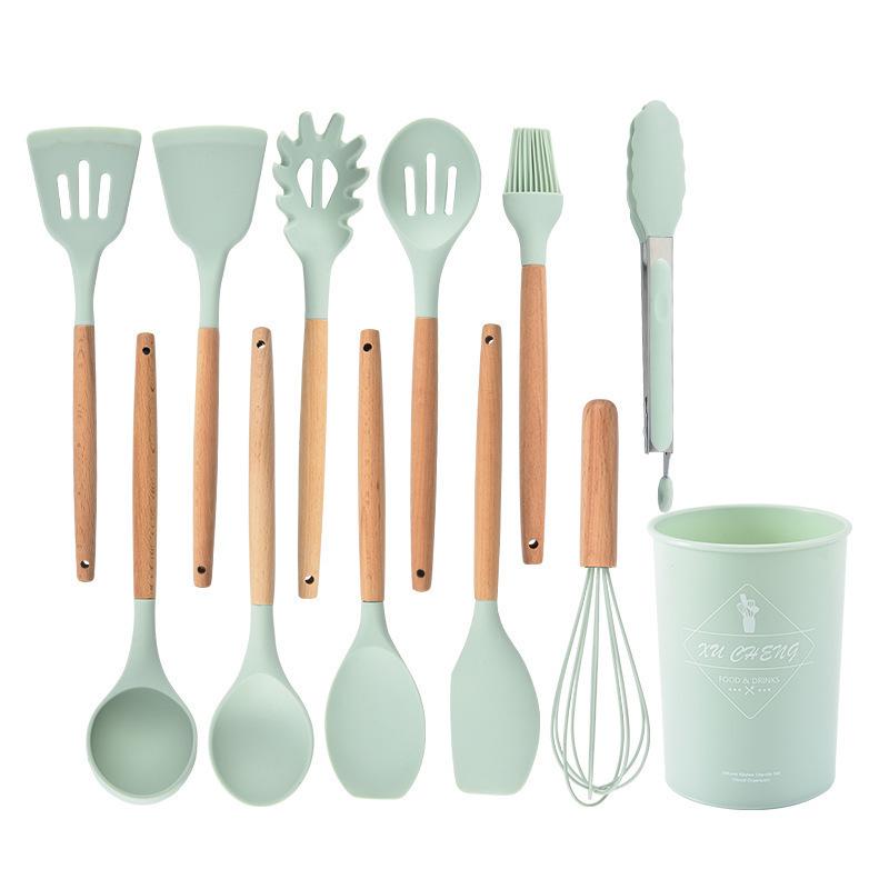 12-Piece Silicone Kitchenware Set with Wooden Handles: Non-Stick Cooking Spatulas and Tools