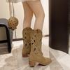 New Style Hollow Embroidered Vintage Western Boots Women Autumn Chunky Heels Knee High Cowboy Boots Woman Leather Knight Boots