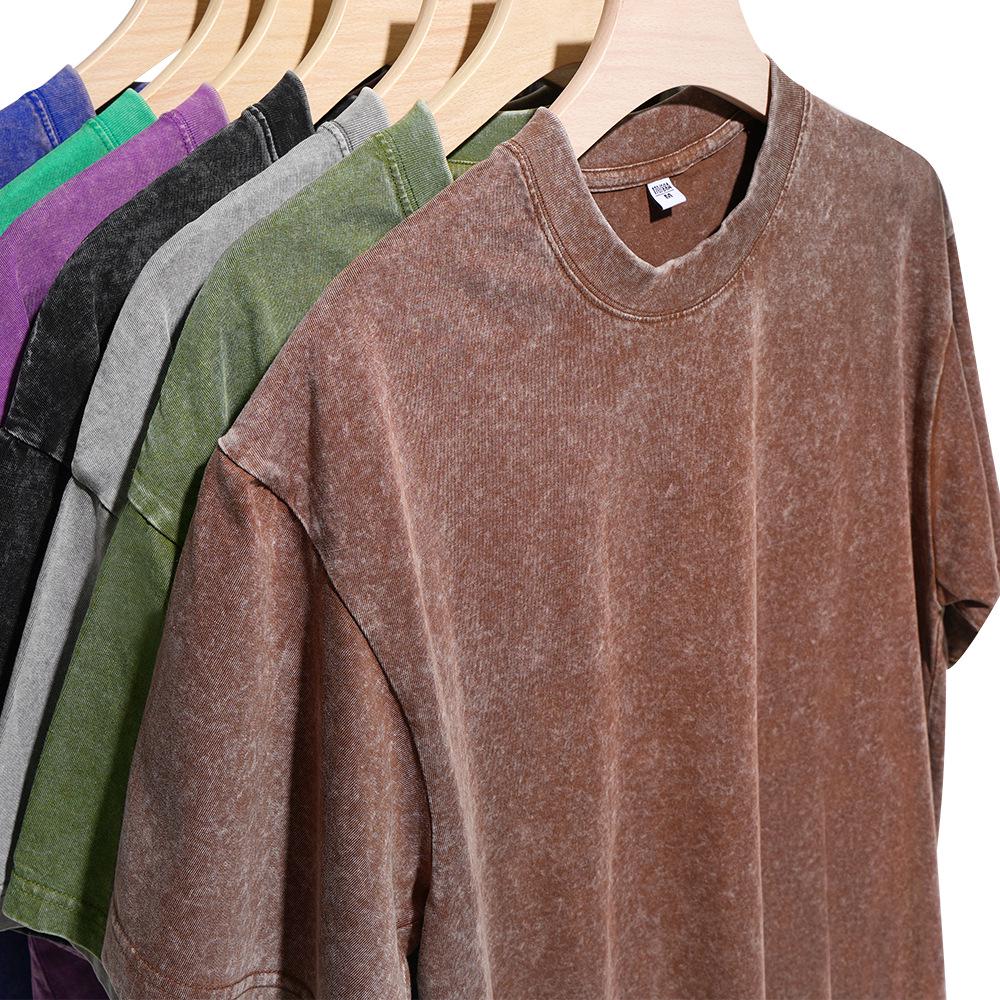 230g EU Size Washed Batik Distressed Heavyweight Pure Cotton Men's Loose Hip Hop Logo Print T-Shirt