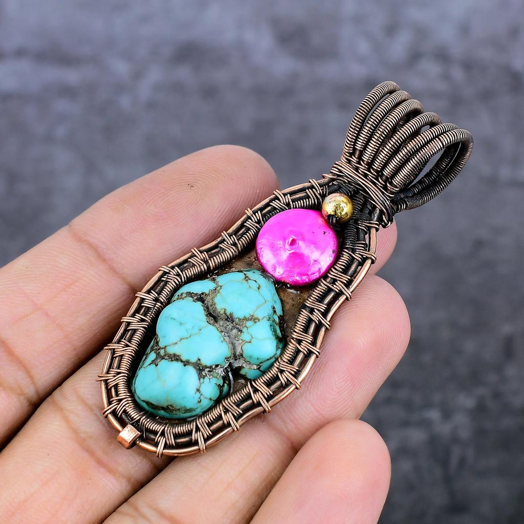 Natural Tibetan Turquoise, Shell Copper Wire Wrap Jewelry Pendant 2.84" i2C93