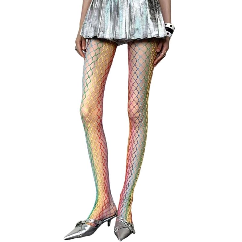 

Women Hollowed Out Fishnet Pantyhose Stockings Rainbow Colorful Mesh Net Tights Bottoming Leggings Lingerie Hosiery 1