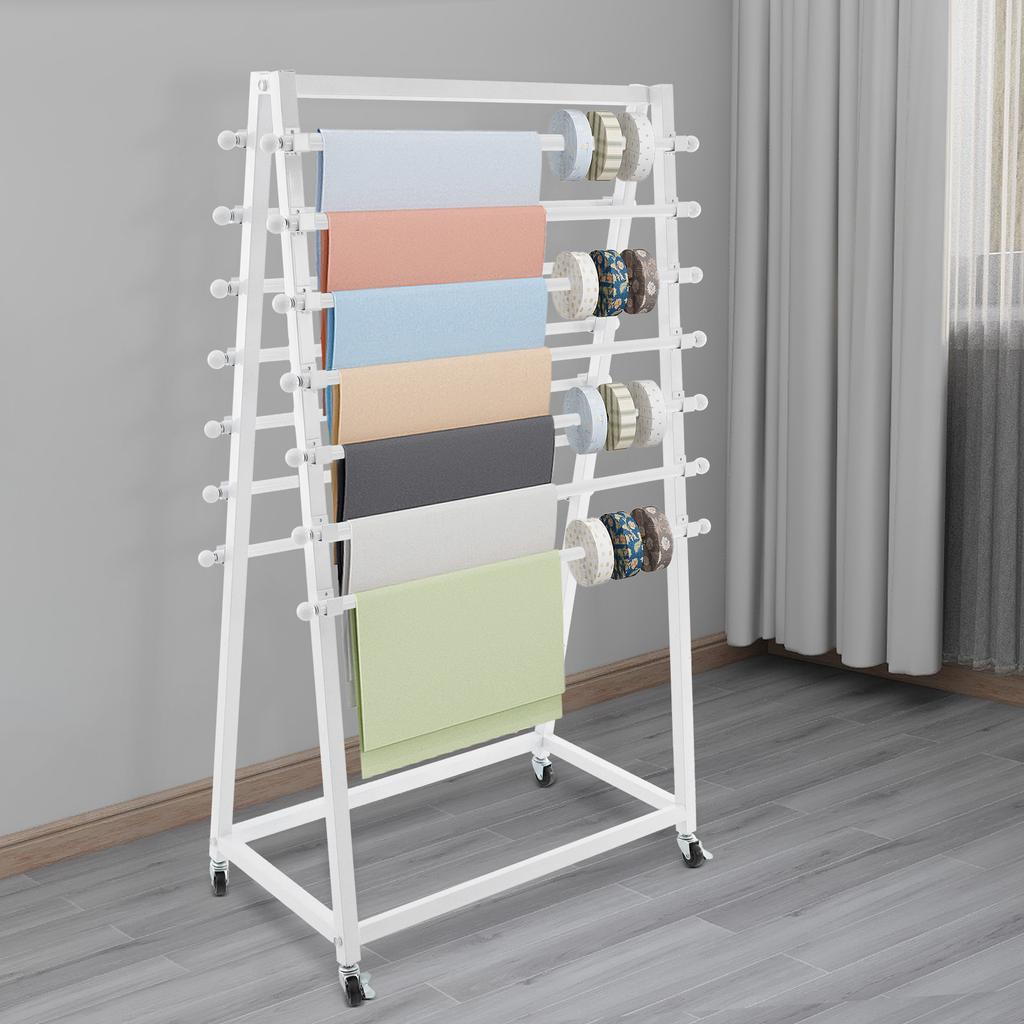 Double-Sided 15-Tier Ribbon and Scarf Organizer Rack, White Steel Fabric Storage Display Stand, 30kg Capacity for Craft Room