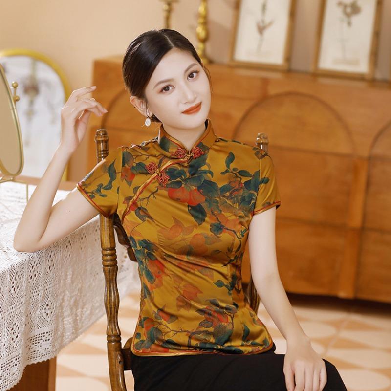 Blusa Elegante de Satén para Mujer Estampado de Flores Camisa Cheongsam Estilo Chino Tradicional Ropa Tang Disfraz de Verano Otoño