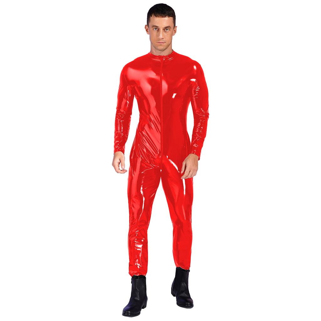 Mens Glossy Faux Leather Zippered Crotch Bodysuit Long Sleeve Tight Fit Clubwear Disco Party Outfit Shiny Latex-Style Costume