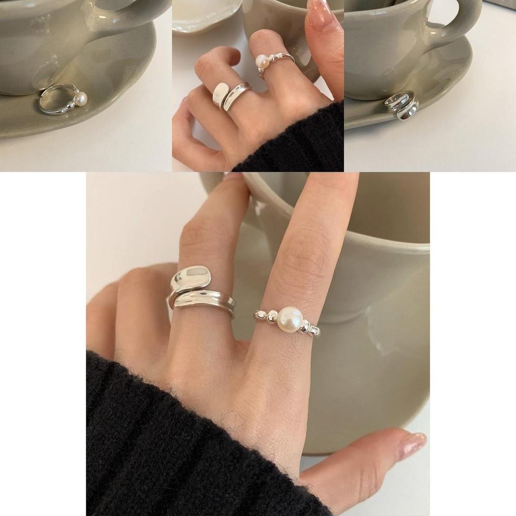 Elegant Korean Style Adjustable Pearl Ring For Women With Unique Geometric Design