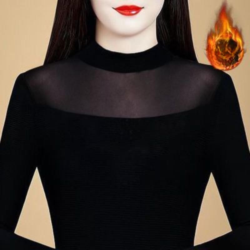 Bluză de bază neagră cu gât înalt și plasă pentru femei, tricou cu mâneci lungi, stil nou, top din dantelă de catifea